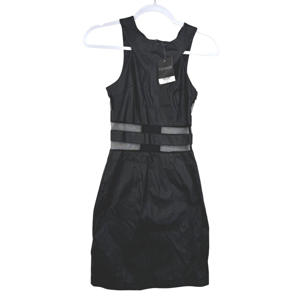 Topshop‎ Womens Black Faux Leather Mesh Cut Out Bodycon Mini Dress Size 0 Flawed